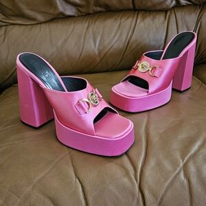 Versace Pink Satin High-End Luxury Platform Slide-In Heels Size 10 US (MINT)